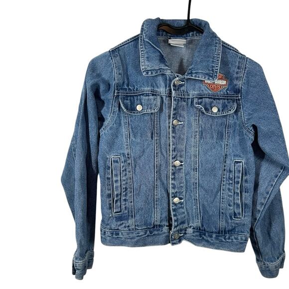 Harley Davidson Motorcycle Blue Jean Denim Logo Trucker Jacket Big Kid 12/14 - Picture 2 of 12